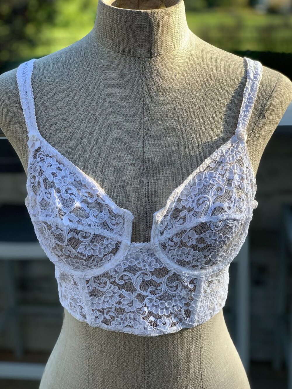 Vtg Corset Bustier Bra 34 White Lace Sheer Floral Boned Underwire Crop Top Bride